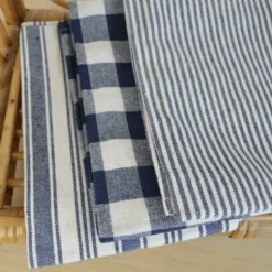 Lot de 3 torchons de cuisine Vichy et rayures Indigo & naturel