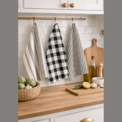 Lot de 3 torchons de cuisine Vichy et rayures Noir & naturel