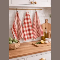 Lot de 3 torchons de cuisine Vichy et rayures rouge & naturel