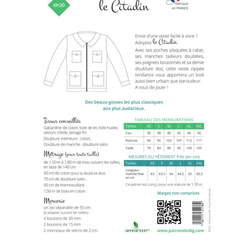 Patron veste pour homme - le Citadin - les BG