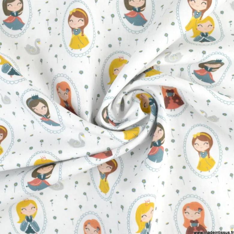 Popeline Bio Fabby motifs princesses, fleurs et cygnes -OEKO TEX