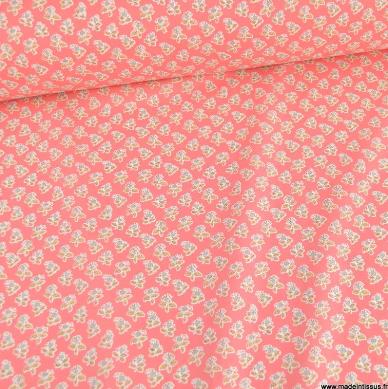 Popeline Bio & OEKO TEX motifs fleurs block print fond rose