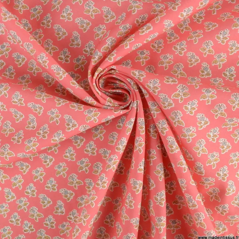 Popeline Bio & OEKO TEX motifs fleurs block print fond rose