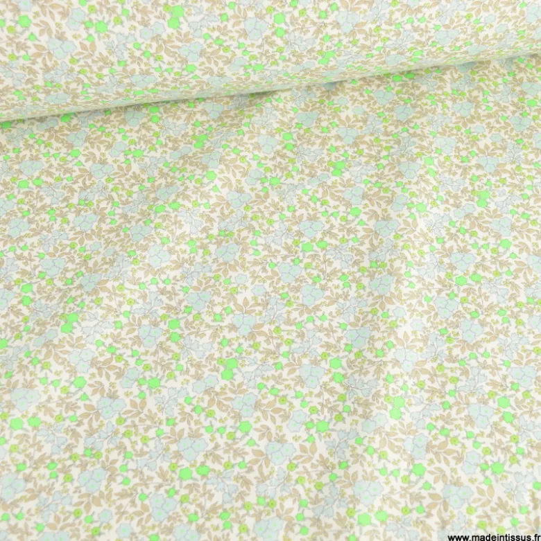 Popeline Bio & OEKO TEX motifs fleurs vert fluo