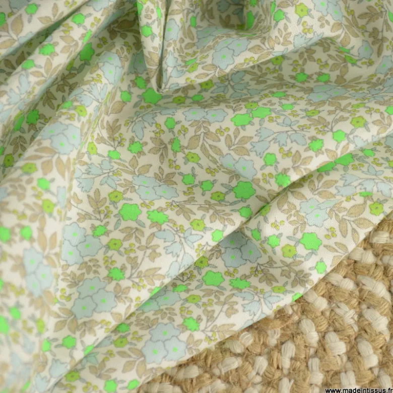 Popeline Bio & OEKO TEX motifs fleurs vert fluo