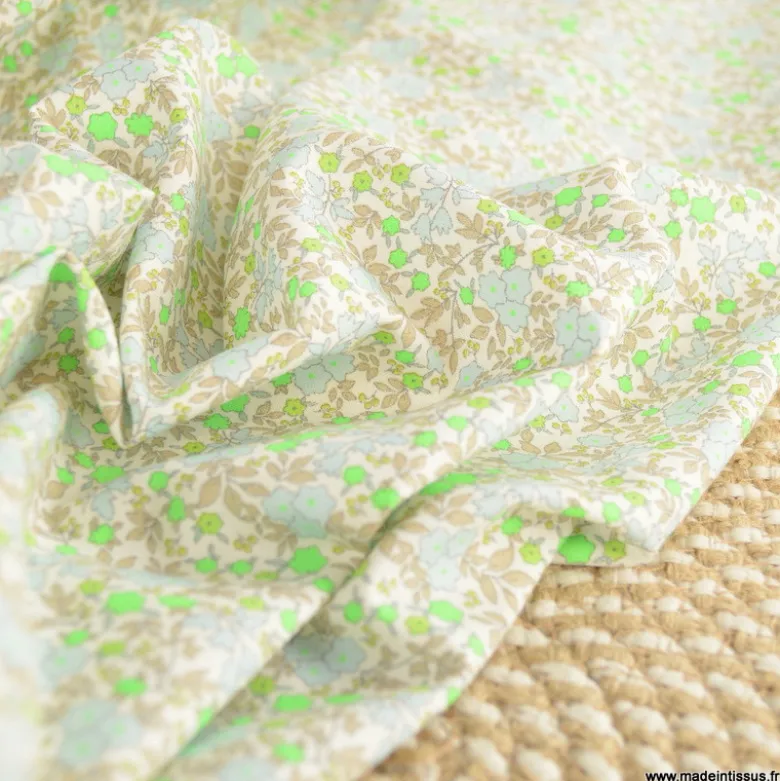 Popeline Bio & OEKO TEX motifs fleurs vert fluo