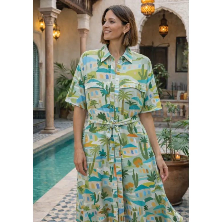 Popeline de viscose motif méditerranéen – Petrole et vert