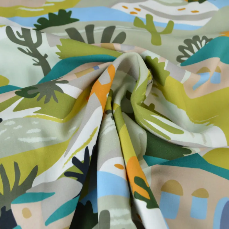 Popeline de viscose motif méditerranéen – Petrole et vert