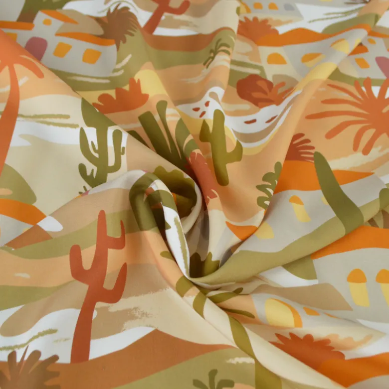 Popeline de viscose motif méditerranéen – terracotta, ocre et vert