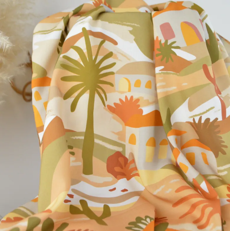 Popeline de viscose motif méditerranéen – terracotta, ocre et vert