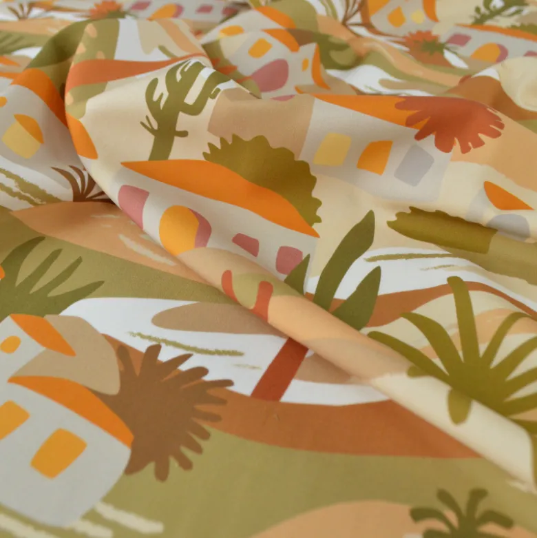 Popeline de viscose motif méditerranéen – terracotta, ocre et vert