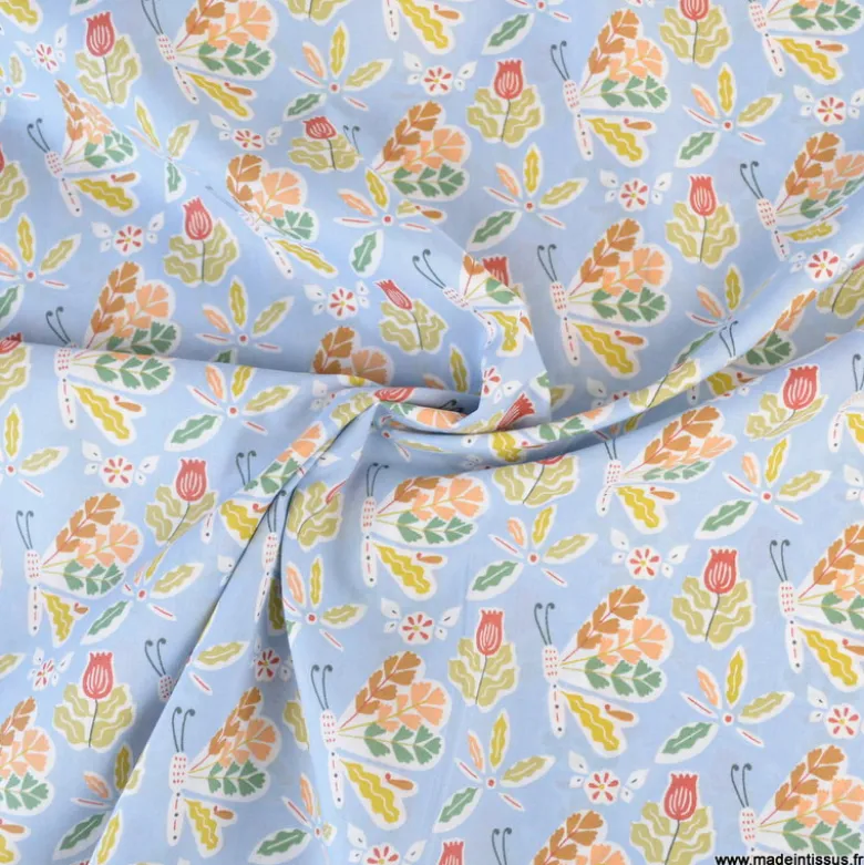 Popeline Issoria motif fleurs fond bleu - OEKO TEX
