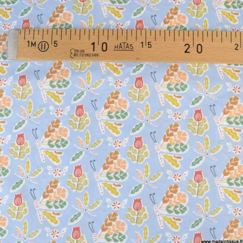 Popeline Issoria motif fleurs fond bleu - OEKO TEX