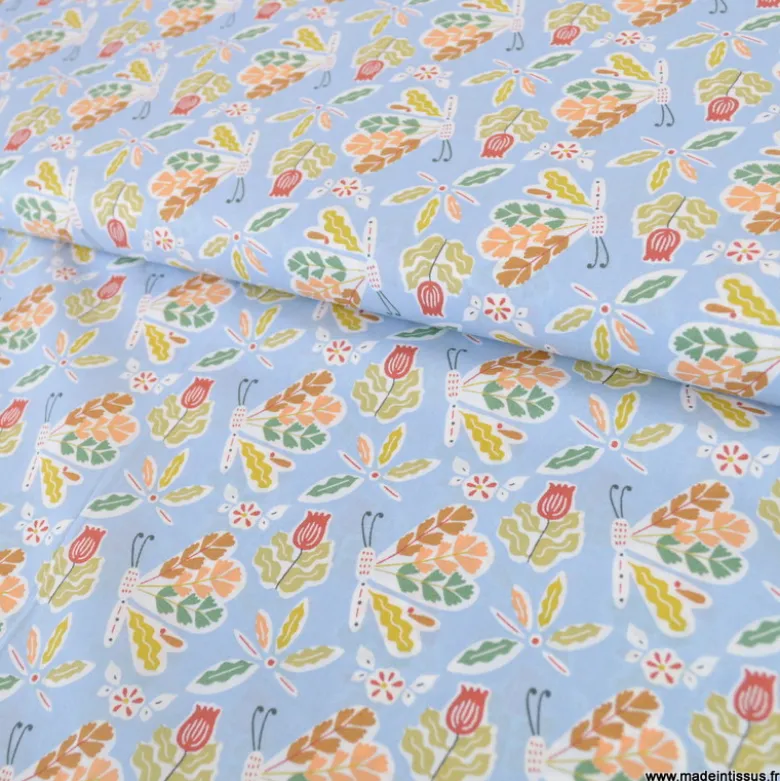 Popeline Issoria motif fleurs fond bleu - OEKO TEX