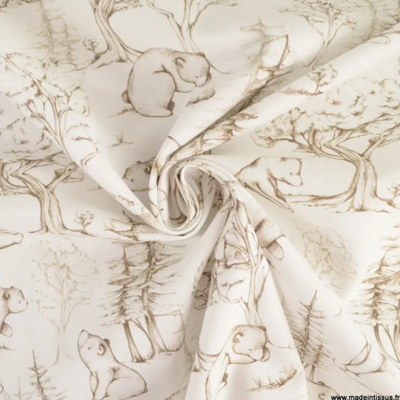 Popeline Ours de la foret magique fond blanc -OEKO TEX
