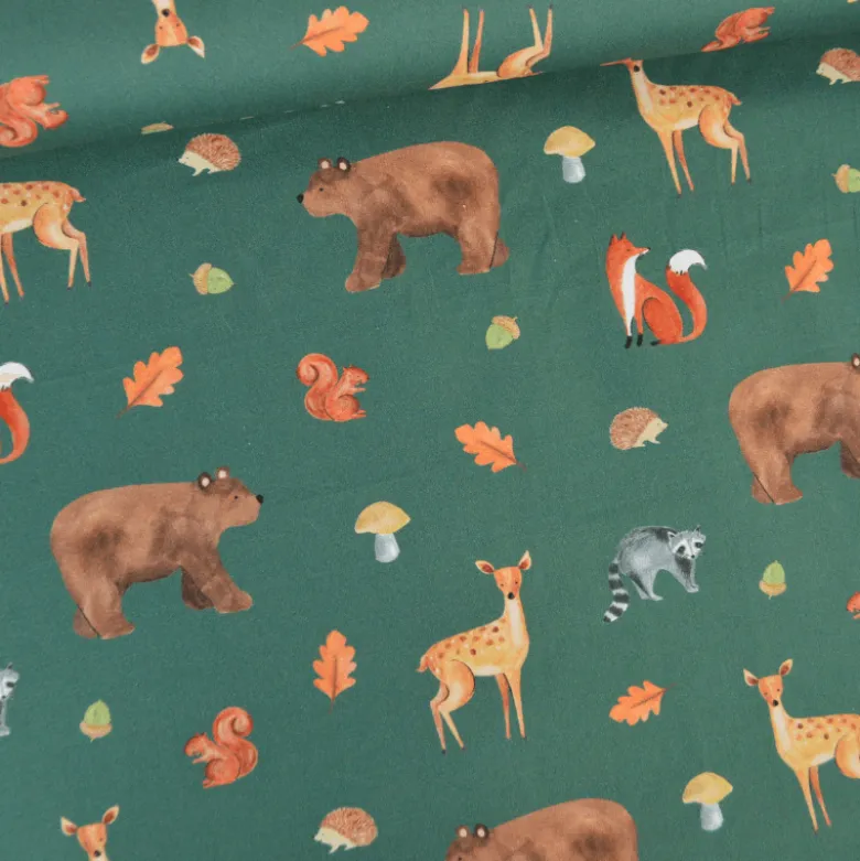 Popeline Poppy motif animaux de la foret fond vert - OEKO TEX