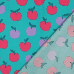 Popeline Poppy motif Pommes fond Turquoise
