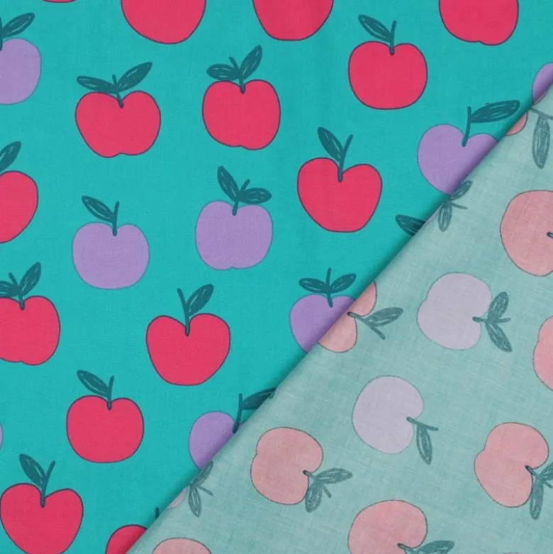 Popeline Poppy motif Pommes fond Turquoise