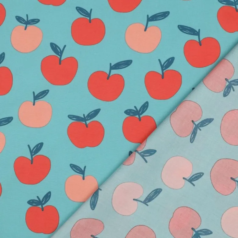 Popeline Poppy motif Pommes fond pétrole clair