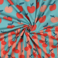 Popeline Poppy motif Pommes fond pétrole clair