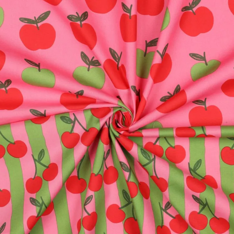 Popeline Poppy motif Pommes rouges et vertes fond rose