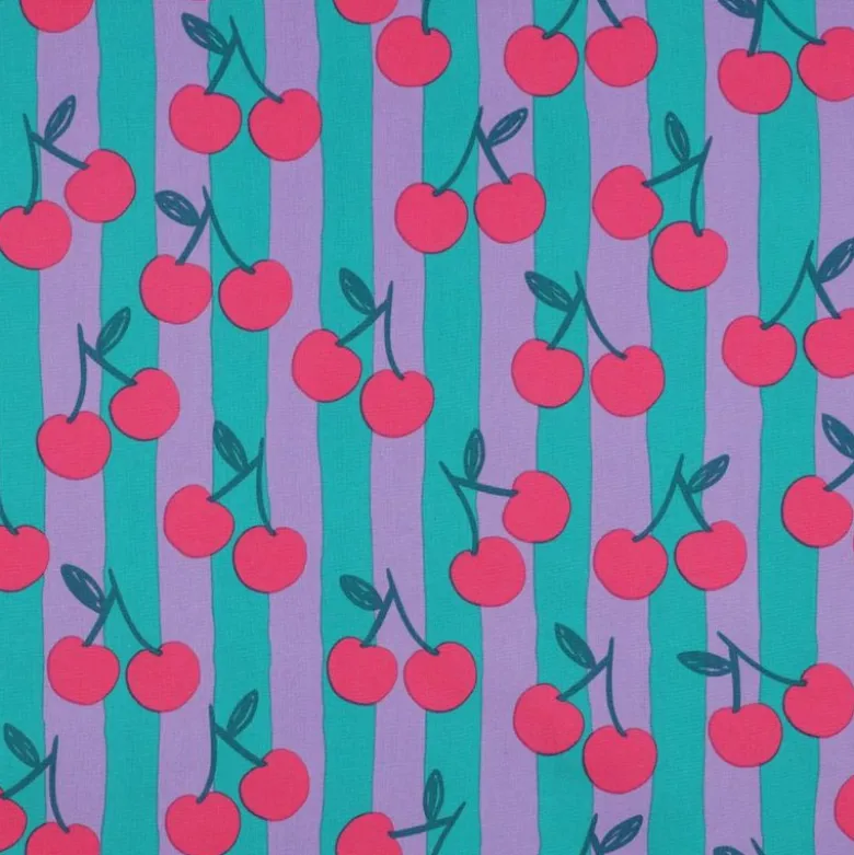 Popeline Poppy à rayures parme et pétrole motif cerises rouges