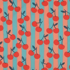 Popeline Poppy à rayures roses et pétrole clair motif cerises rouges