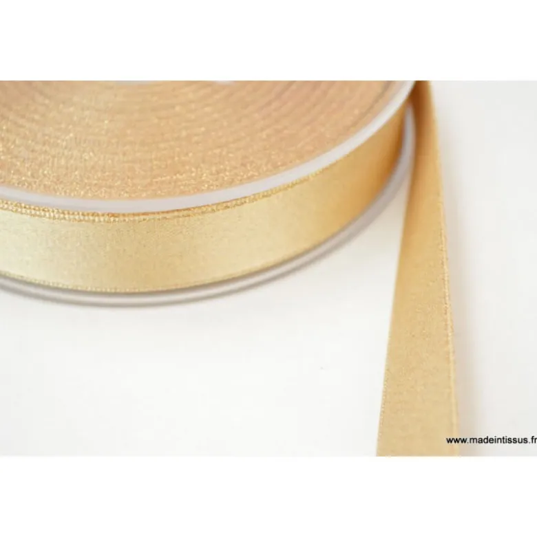 Ruban SATIN LUREX OR - TRAME BEIGE, 15 mm, .