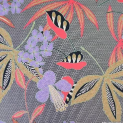 Satin de coton stretch – Motif floral tropical noir, rouge et violet