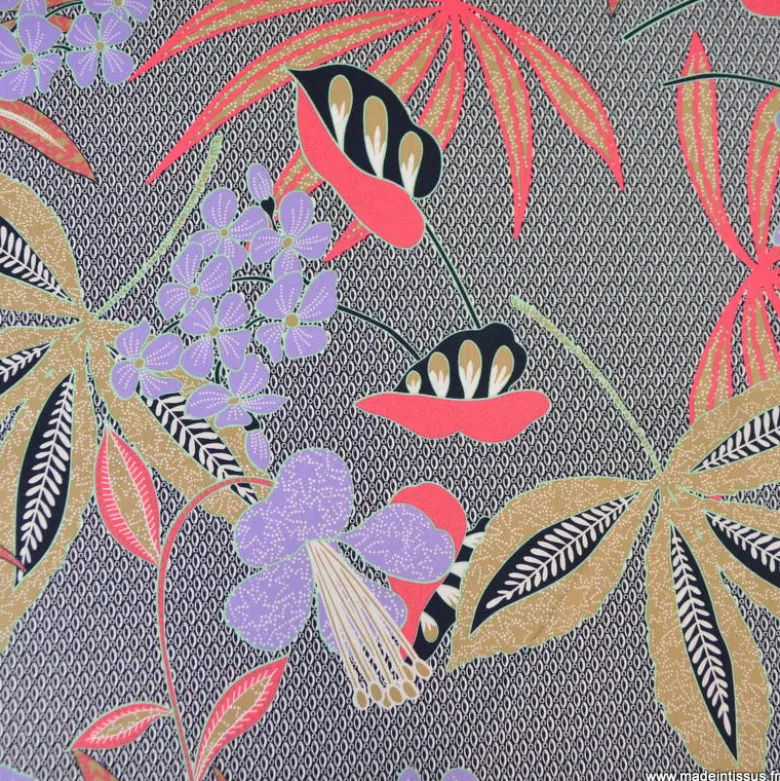 Satin de coton stretch – Motif floral tropical noir, rouge et violet