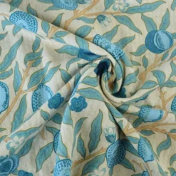 Seersucker motif Fleurs et fruits bleus fond écru