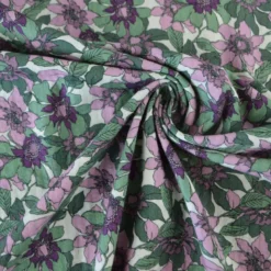 Seersucker motif Fleurs prune et vertes fond écru