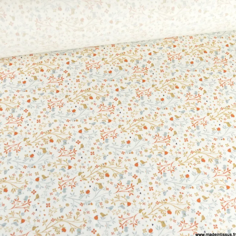 Sergé de coton Camilia motif fleurs, oiseaux et fruits fond blanc