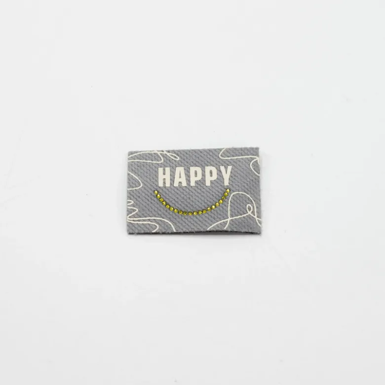 Étiquette tissée gris - Happy - strass doré