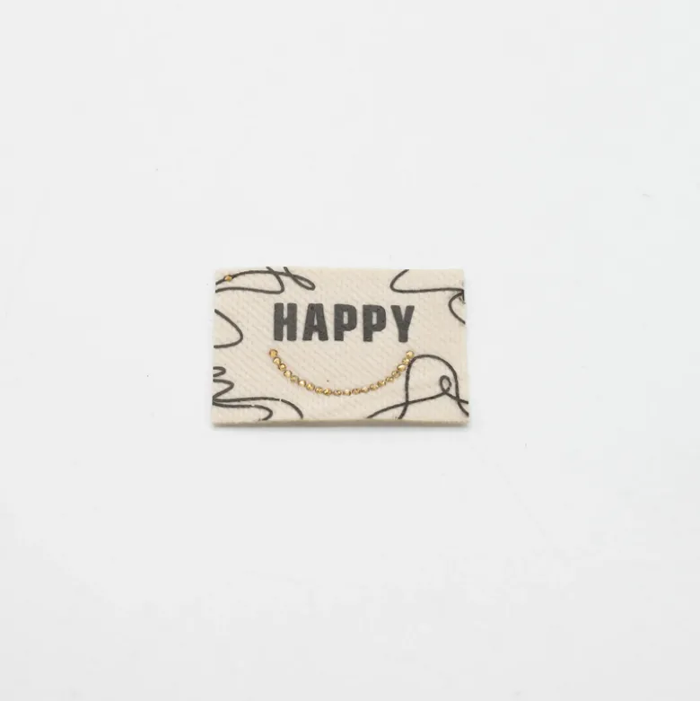 Étiquette tissée - Happy - strass doré
