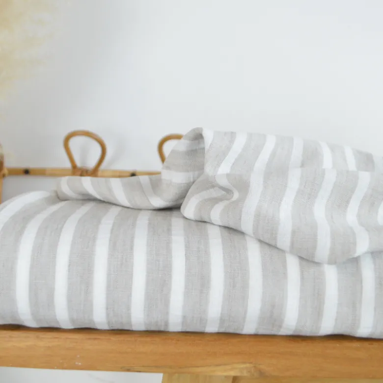 Tissu aspect Lin à rayures - Sable et blanc