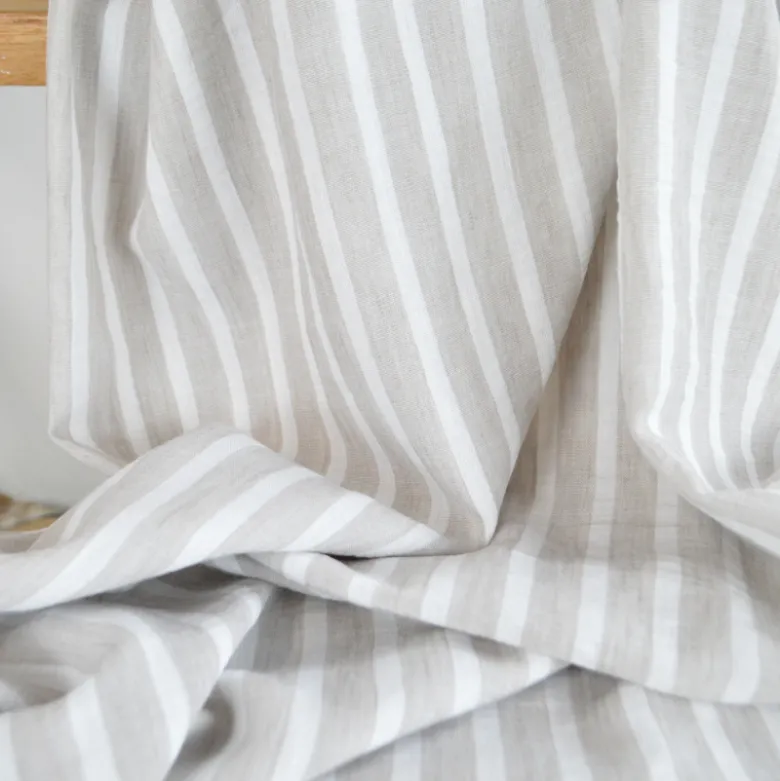 Tissu aspect Lin à rayures - Sable et blanc