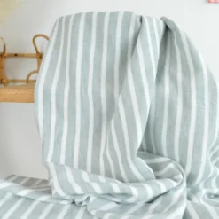 Tissu aspect Lin à rayures - Sauge et blanc