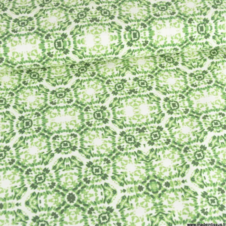 Tissu Bengaline motif rosaces vert et blanc