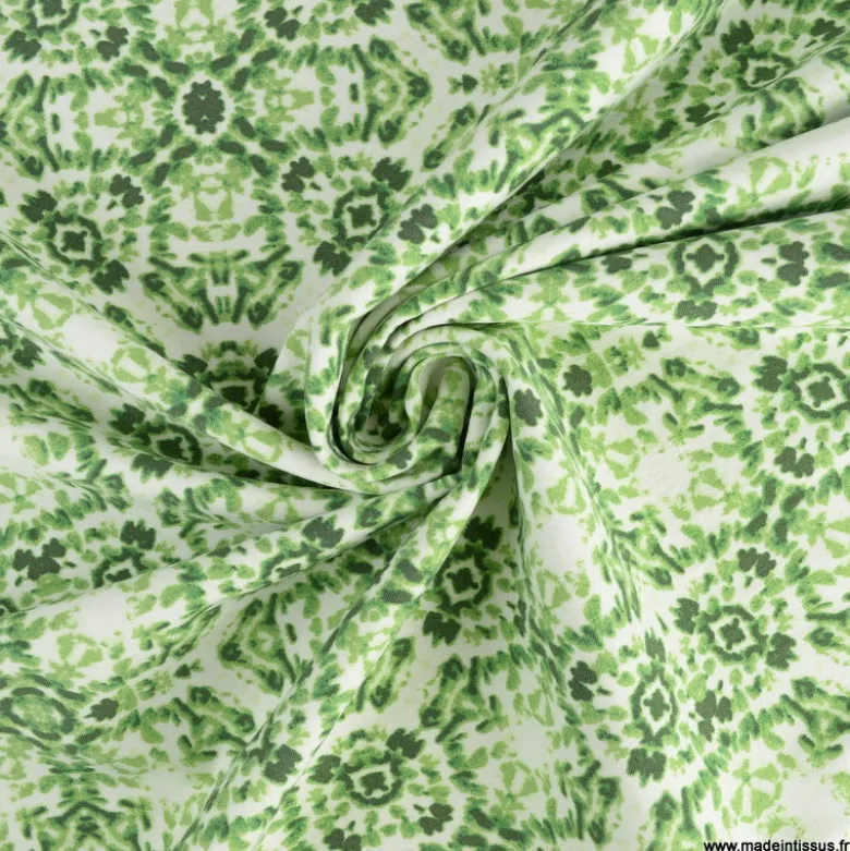 Tissu Bengaline motif rosaces vert et blanc
