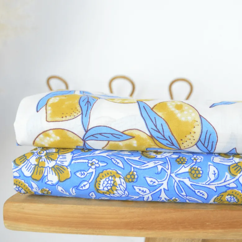 Tissu Block print Indien Barmer – Motif fleurs fond bleu