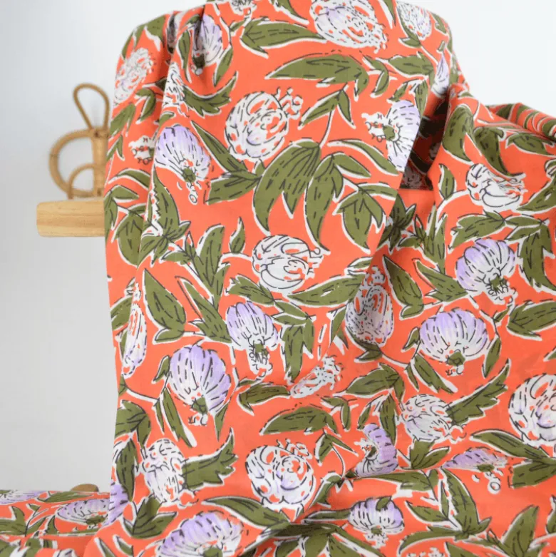 Tissu Block print Indien Bundi – Motif fleurs fond corail