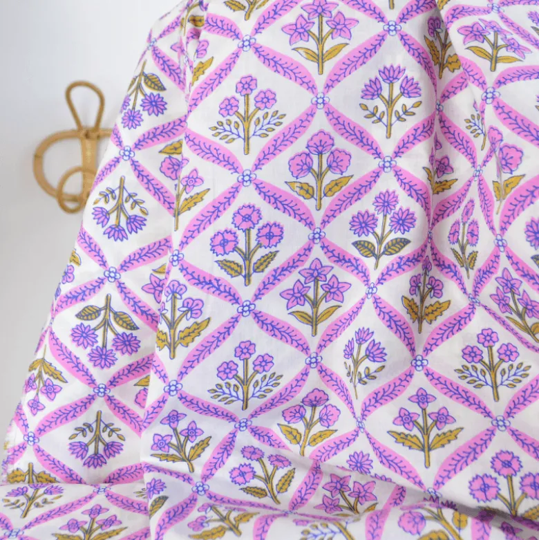 Tissu Block print Indien Mandawa – Motif fleurs lilas et blanc