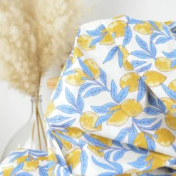 Tissu Block print Indien – Motif citrons fond bleu