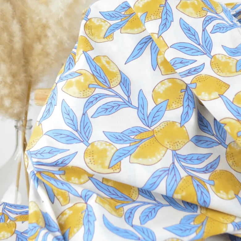 Tissu Block print Indien – Motif citrons fond bleu