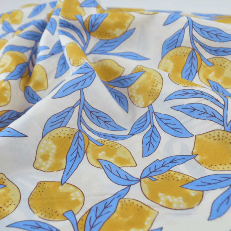 Tissu Block print Indien – Motif citrons fond bleu