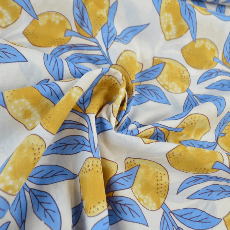 Tissu Block print Indien – Motif citrons fond bleu