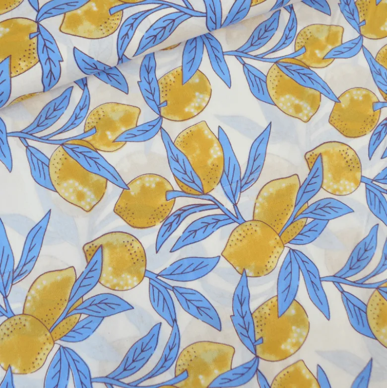 Tissu Block print Indien – Motif citrons fond bleu