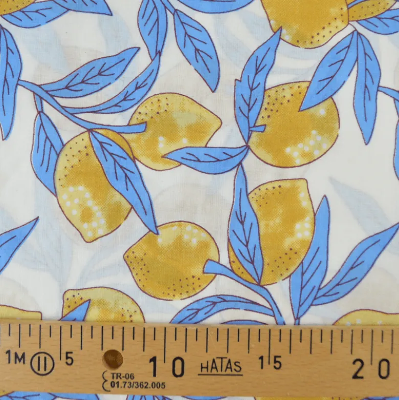 Tissu Block print Indien – Motif citrons fond bleu