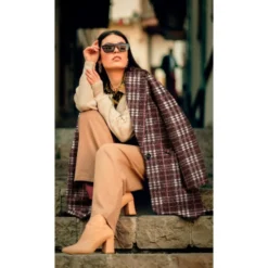 Tissu Bouclette Manteau Tartan Chocolat et rose